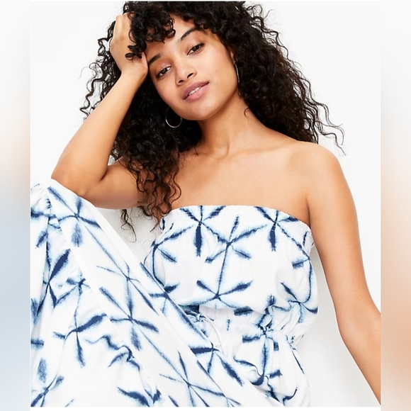 Loft white blue star tie dye strapless drawstring maxi dress size XS - Picture 3 of 11